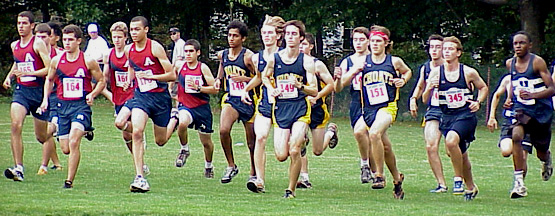 The Wild Boars, flanked by Avon and Hotchkiss squads, at the start of the race.